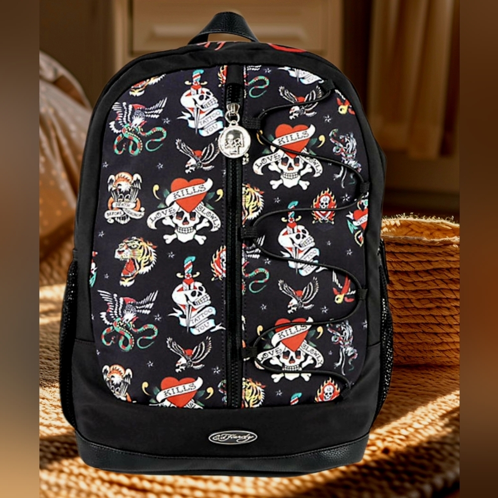 NEW Ed Hardy Black Tattoo Print Backpack New With Tags